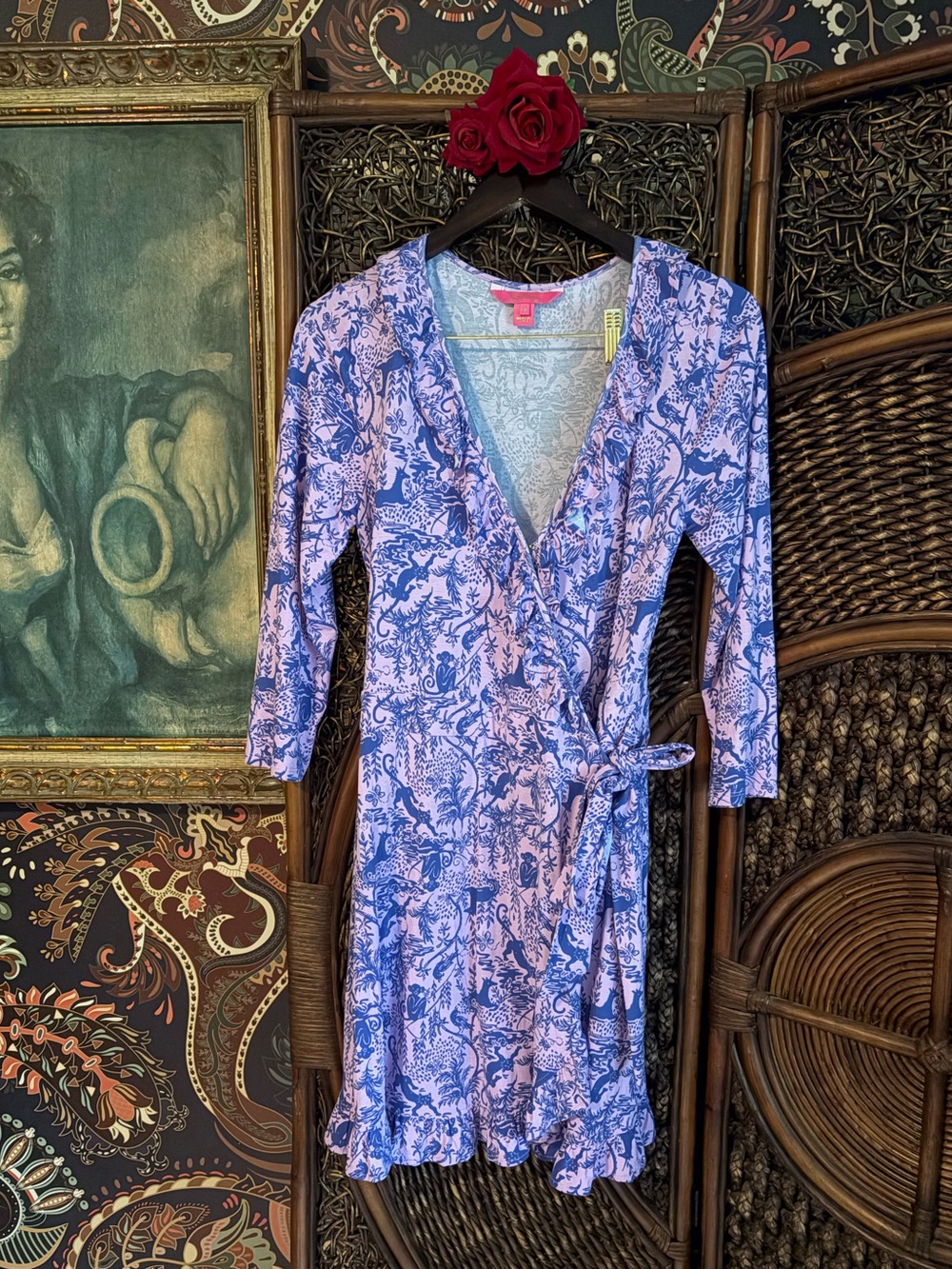 Lilly Pulitzer Jungle Toile Wrap Dress Pink Blue Monkey Leopard Ruffle Hem M - Picture 2 of 6